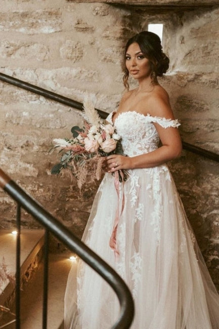 Modest Sweetheart Off-the-Shoulder Cap Sleeves Long Lace Bridal Gowns On Sale-ballbellauk