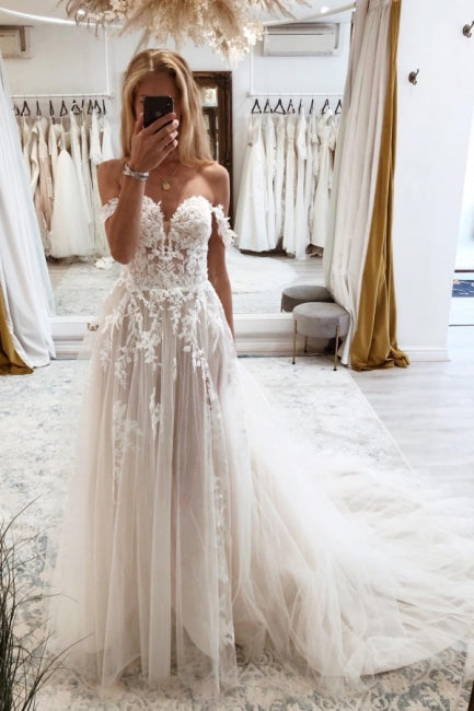 Modest Sweetheart Off-the-Shoulder Cap Sleeves Long Lace Bridal Gowns On Sale-ballbellauk