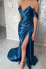 Navy Mermaid Evening Dress - Off The Shoulder & Split-ballbellauk