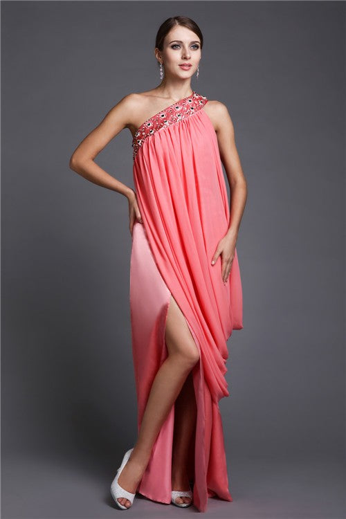 New Arrival One Shoulder Beading Sleeveless Long Evening Dress Chiffon-ballbellauk