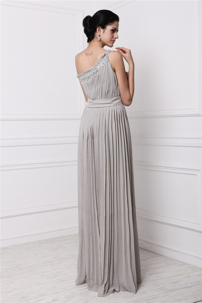 New Arrival One Shoulder Beading Sleeveless Pleats Long Evening Dress Chiffon-ballbellauk