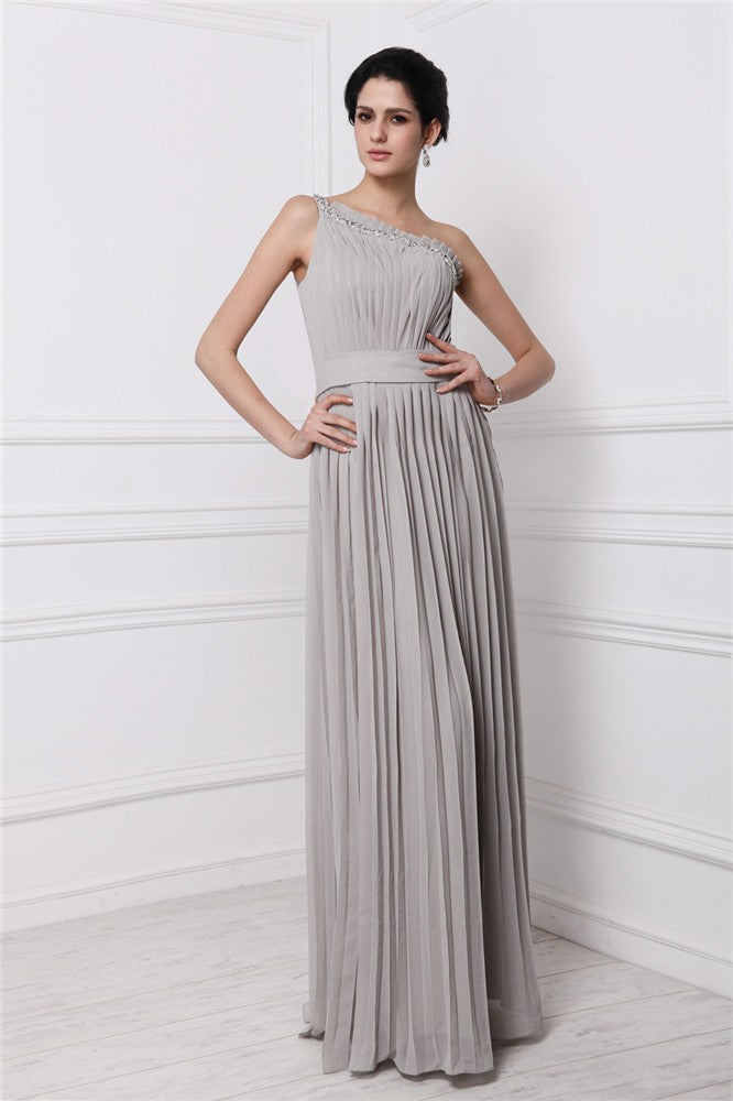 New Arrival One Shoulder Beading Sleeveless Pleats Long Evening Dress Chiffon-ballbellauk