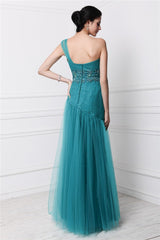 New Arrival One Shoulder Beading Sleeveless With Appliques Long Net Prom Dress-ballbellauk