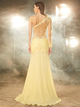 New Arrival One Shoulder Lace Long Sleeves Evening Dress Chiffon-ballbellauk