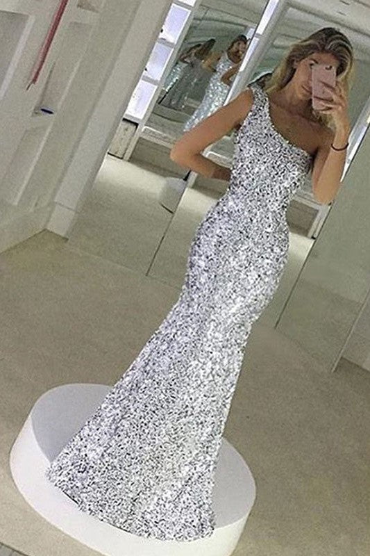 New Arrival One Shoulder Sleeveless Long Ruffles Sequins Prom Dress-ballbellauk