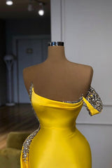 New Bright Yellow Mentallic Sequins Overskirt Prom Dress One shoulder-ballbellauk