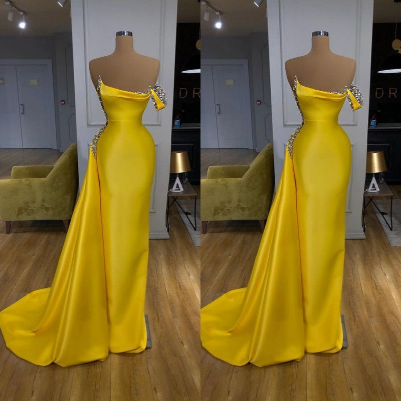 New Bright Yellow Mentallic Sequins Overskirt Prom Dress One shoulder-ballbellauk