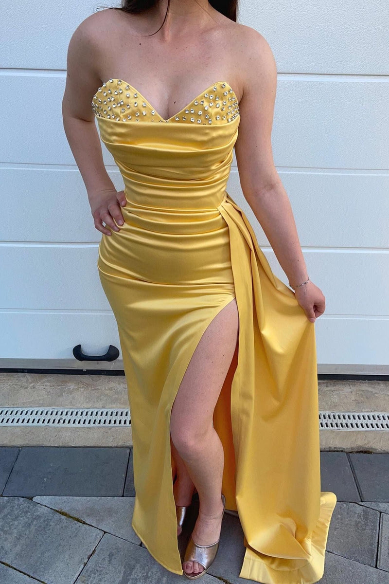 New In Daffodil Sweetheart Prom Dresses Mermaid Slit Long With Beadings-ballbellauk