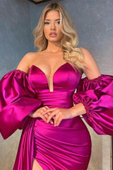 New In Fuchsia Detachable Sleeves Prom Dresses Mermaid Slit With Ruffles-ballbellauk