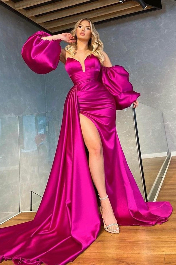 New In Fuchsia Detachable Sleeves Prom Dresses Mermaid Slit With Ruffles-ballbellauk