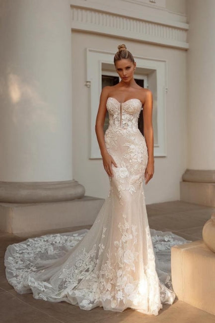 Noble sweetheart sleeveless mermaid lace Wedding Dresses-ballbellauk