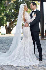 Noble vneck longsleeves mermaid lace Wedding Dresses-ballbellauk