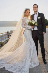 Noble vneck longsleeves mermaid lace Wedding Dresses-ballbellauk