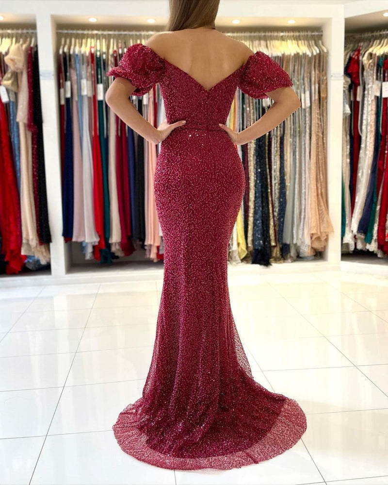 Off-the-Shoulder Burgundy Prom Dress Sequins Slit Ball Dresses Bubble Sleeves-ballbellauk