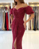 Off-the-Shoulder Burgundy Prom Dress Sequins Slit Ball Dresses Bubble Sleeves-ballbellauk