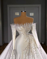 Off-the-Shoulder Mermaid Wedding Dress Pearls With Detachable Train Long Sleeves-ballbellauk