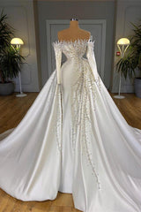 Off-the-Shoulder Mermaid Wedding Dress Pearls With Detachable Train Long Sleeves-ballbellauk