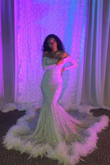 Off-the-Shoulder Sequins Long Sleeves Mermaid Prom Dress UK with Feathers-ballbellauk