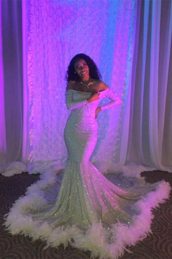 Off-the-Shoulder Sequins Long Sleeves Mermaid Prom Dress UK with Feathers-ballbellauk