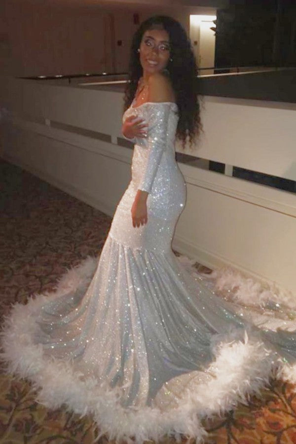 Off-the-Shoulder Sequins Long Sleeves Mermaid Prom Dress UK with Feathers-ballbellauk