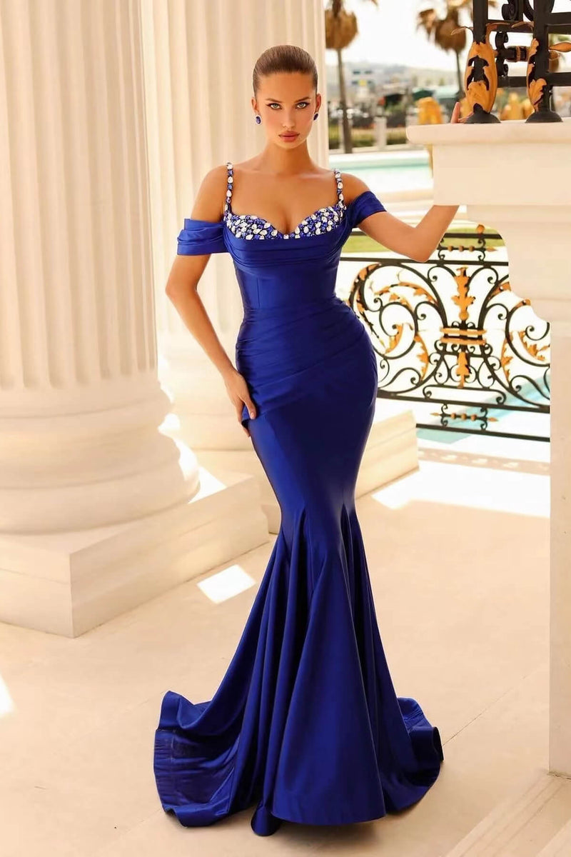 Off-The-Shoulder Sweetheart Beaded Prom Dress UK With Spaghetti-Straps Mermaid-ballbellauk