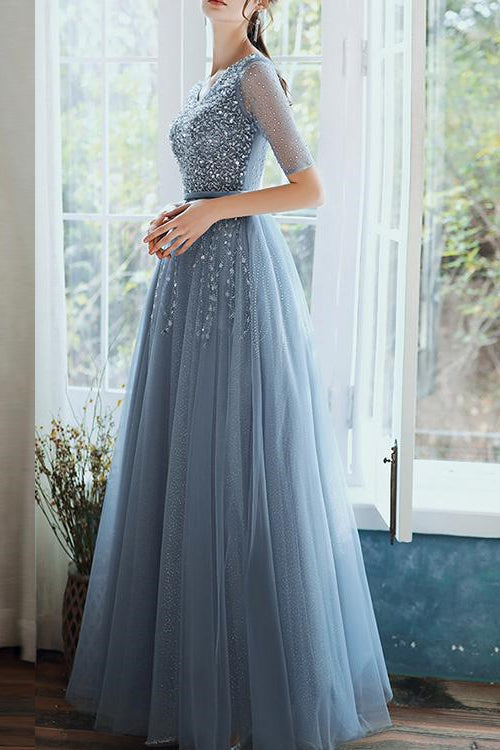 On Sale: Dusty Blue Lace-Up Evening Dress with Sequins - Hale Sleeves Long-ballbellauk