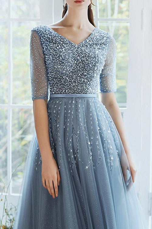 On Sale: Dusty Blue Lace-Up Evening Dress with Sequins - Hale Sleeves Long-ballbellauk