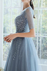 On Sale: Dusty Blue Lace-Up Evening Dress with Sequins - Hale Sleeves Long-ballbellauk