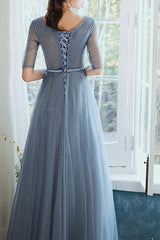 On Sale: Dusty Blue Lace-Up Evening Dress with Sequins - Hale Sleeves Long-ballbellauk