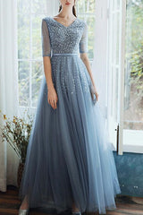 On Sale: Dusty Blue Lace-Up Evening Dress with Sequins - Hale Sleeves Long-ballbellauk