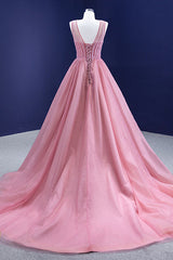 On Sale: Gorgeous Pink A-line Prom Dress UK with Tulle and Sleeveless Beadings-ballbellauk