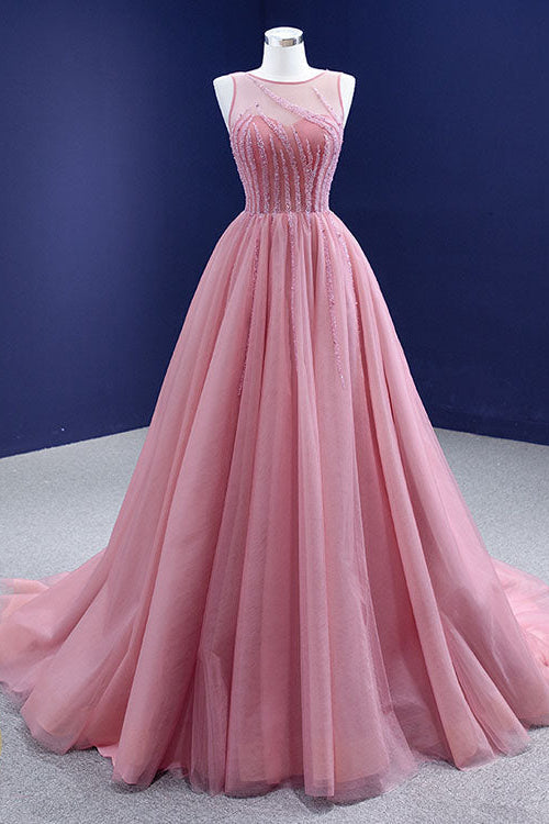 On Sale: Gorgeous Pink A-line Prom Dress UK with Tulle and Sleeveless Beadings-ballbellauk