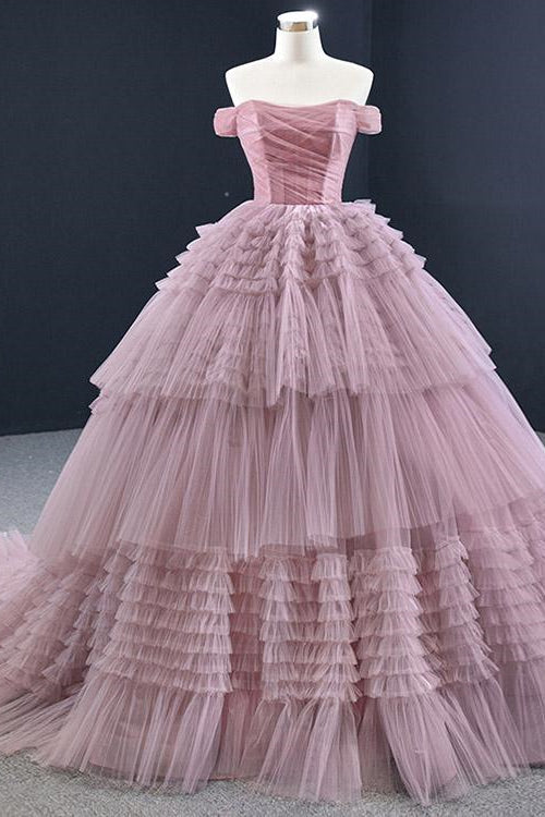 On Sale! Lotus Ball Grown Tulle Prom Dress UK With Strapless Off-The-Shoulder Layered Design-ballbellauk