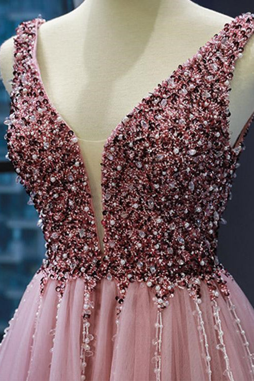 On Sale: Pink V-Neck Mermaid Sleeveless Prom Dress UK With Beadings-ballbellauk