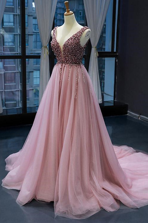 On Sale: Pink V-Neck Mermaid Sleeveless Prom Dress UK With Beadings-ballbellauk