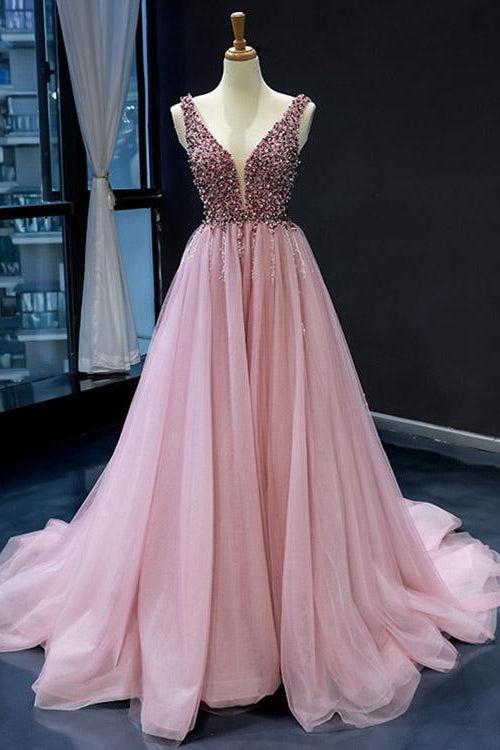 On Sale: Pink V-Neck Mermaid Sleeveless Prom Dress UK With Beadings-ballbellauk