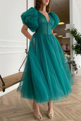 On Sale: V-Neck A-line Evening Dress with Short Sleeves - Dark Green-ballbellauk