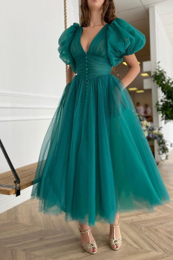 On Sale: V-Neck A-line Evening Dress with Short Sleeves - Dark Green-ballbellauk