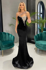 One-Shoulder Black Long Mermaid Prom Dress UK with Rhinestones-ballbellauk