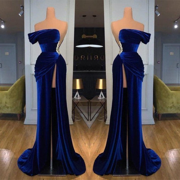 One Shoulder Dark Blue Mermaid Prom Dress UK with Beads and Long Split-ballbellauk