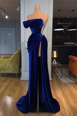 One Shoulder Dark Blue Mermaid Prom Dress UK with Beads and Long Split-ballbellauk