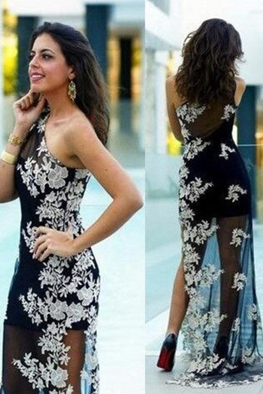 One-Shoulder Fabulous Sheath Prom Dress With Lace Appliques-ballbellauk