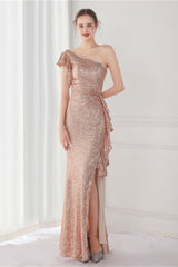 One Shoulder Long Mermaid Evening Dress with Sequins Split Ruffle-ballbellauk