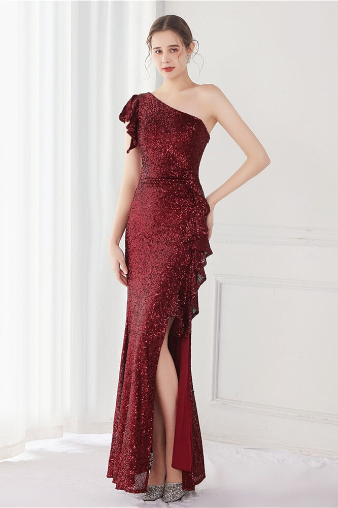 One Shoulder Long Mermaid Evening Dress with Sequins Split Ruffle-ballbellauk