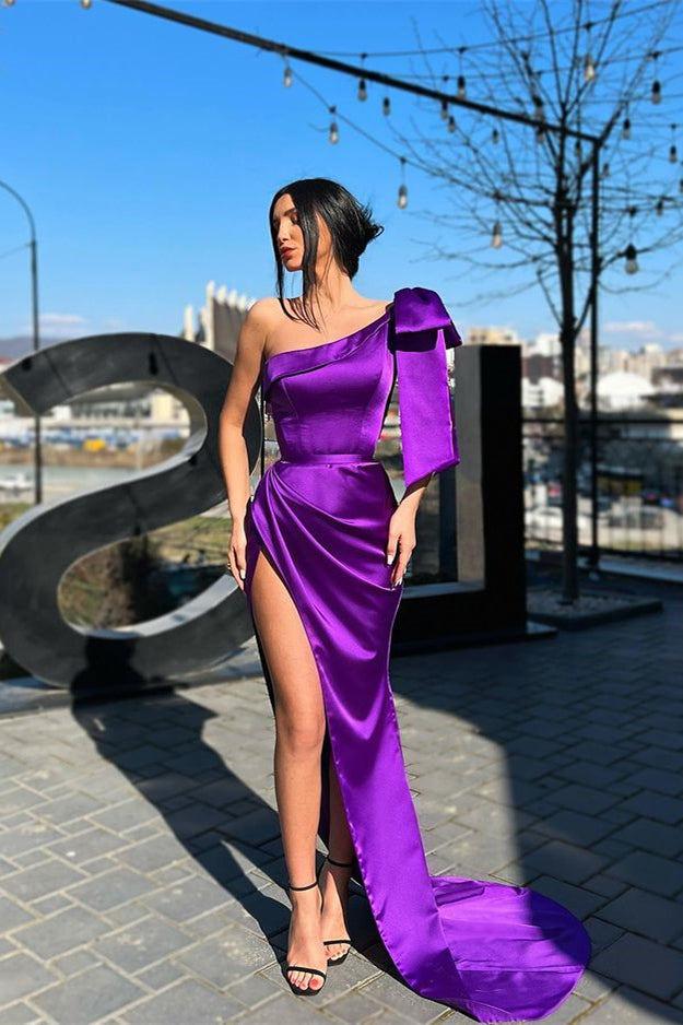 One-Shoulder Long Mermaid Evening Dress with Split - Purple-ballbellauk