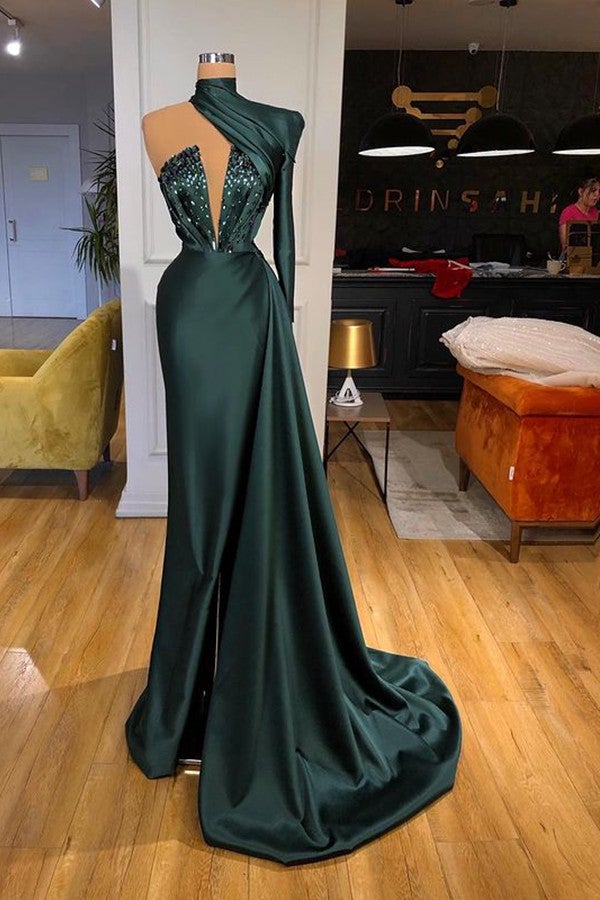 One Shoulder Long Prom Dress UK ¨C Dark Green with Sequins-ballbellauk