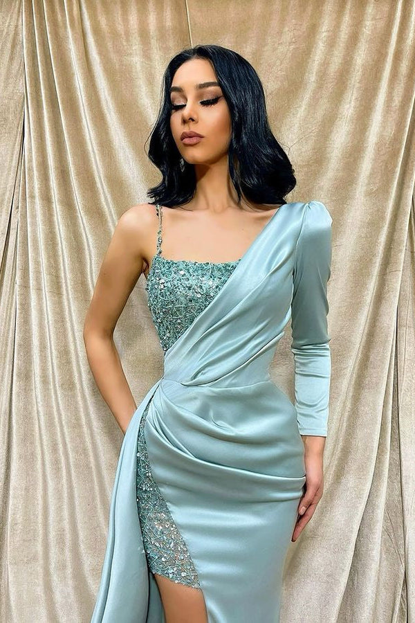 One Shoulder Long Sleeve Mermaid Evening Dress in Light Green with Sequins-ballbellauk