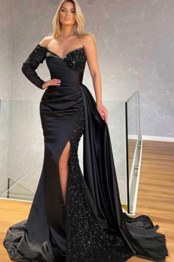 One Shoulder Long Sleeve Split Black Mermaid Prom Dress UK With Sequins-ballbellauk