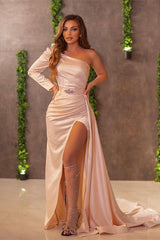 One Shoulder Mermaid Evening Dress with Long Sleeves and Ruffles Split-ballbellauk