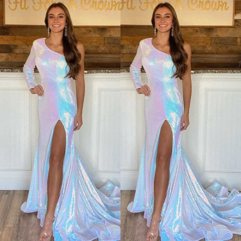 One Shoulder Mermaid Prom Dress UK With Split - Elegant Long Sleeve-ballbellauk